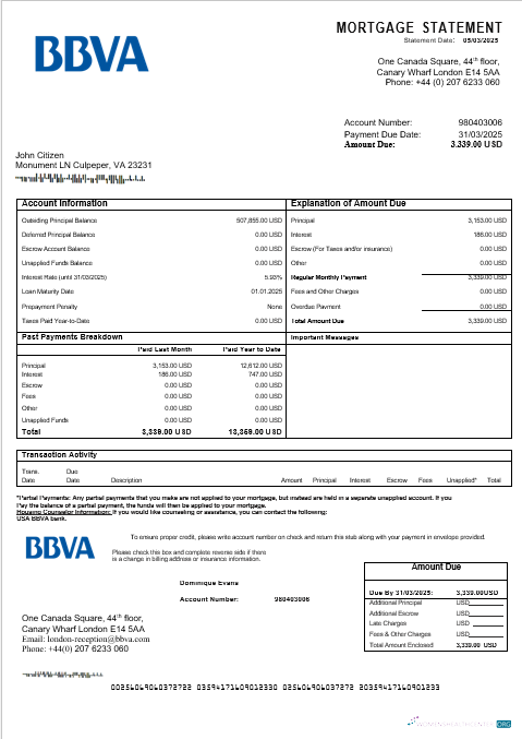 Download USA BBVA bank mortgage statement in Word and PDF formats Photoshop template